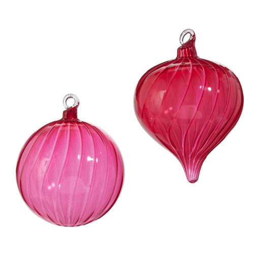 Two fuchsia blown glass ornaments with a spiral ribbed pattern, one round and one teardrop-shaped.