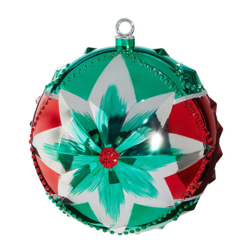 10-inch multicolor plastic star ball ornament with a reflective finish and beaded accents.