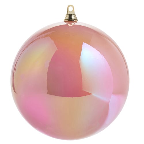 10-inch iridescent pink plastic ball ornament with a smooth, reflective finish.