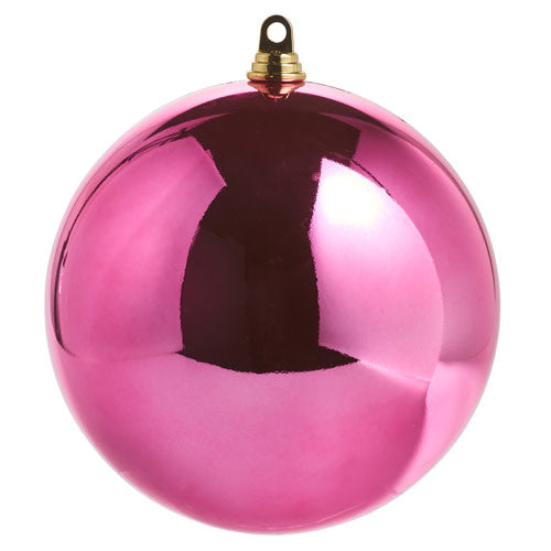 10-inch shiny fuchsia plastic ball ornament with a gold hanging loop.