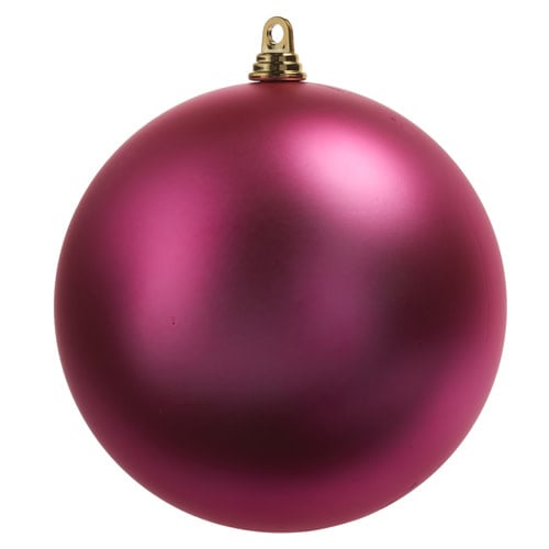 10-inch matte fuchsia plastic ball ornament with a gold hanging loop.