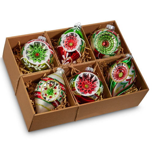 Set of six vintage-style glass reflector ornaments in a cardboard box, featuring festive colors.