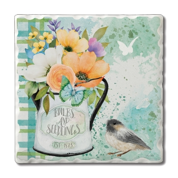 Square tumbled stone coaster with cork backing in natural earth tones.
