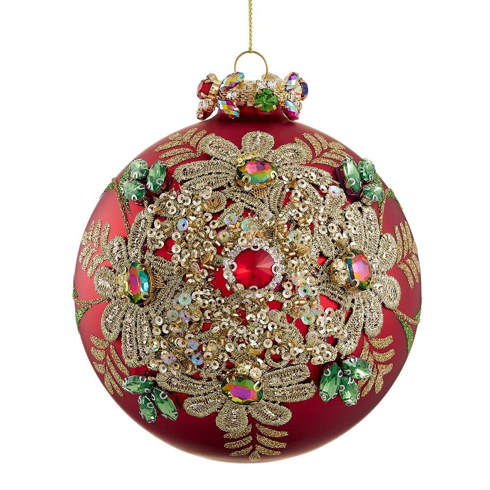 4.5" Diamond Glass Ball Ornament Red Gold