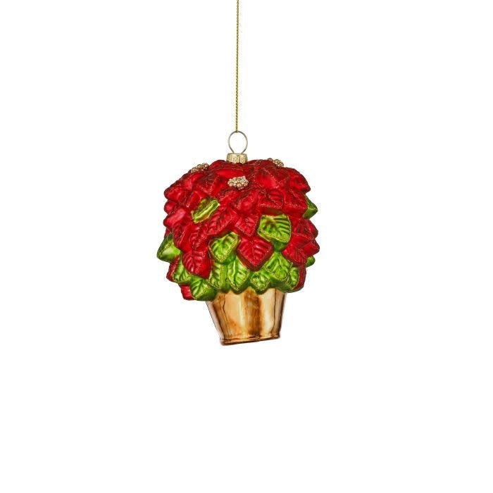 Glass potted poinsettia ornament with vibrant red bloom in decorative pot