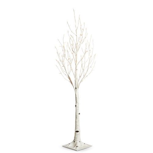 4.5-foot white plastic birch tree with warm white LED lights on steady and twinkle settings.
