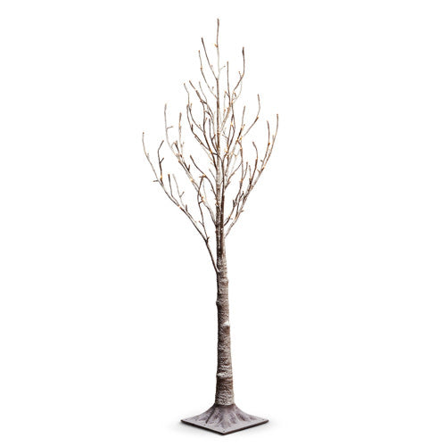 Brown plastic artificial tree with brown branches featuring warm white LED lights in steady and twinkle modes.