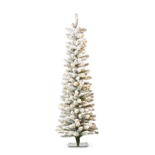 White PVC artificial tree with snowy alpine texture, hinged two-section construction, and warm white LED lights.