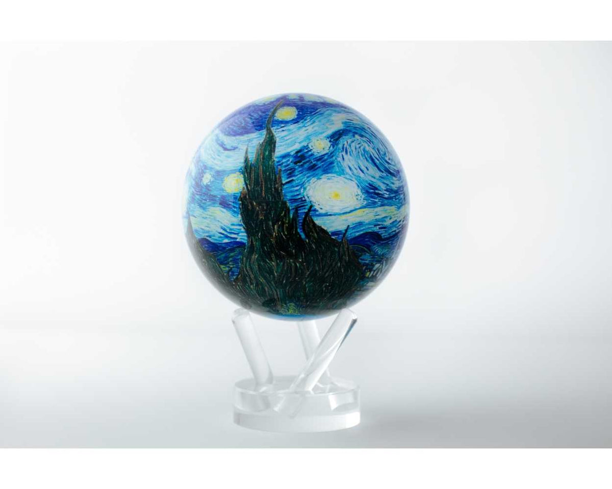 Rotating globe featuring Van Gogh's Starry Night with dark blue background, vibrant yellow stars, and swirling brush strokes.