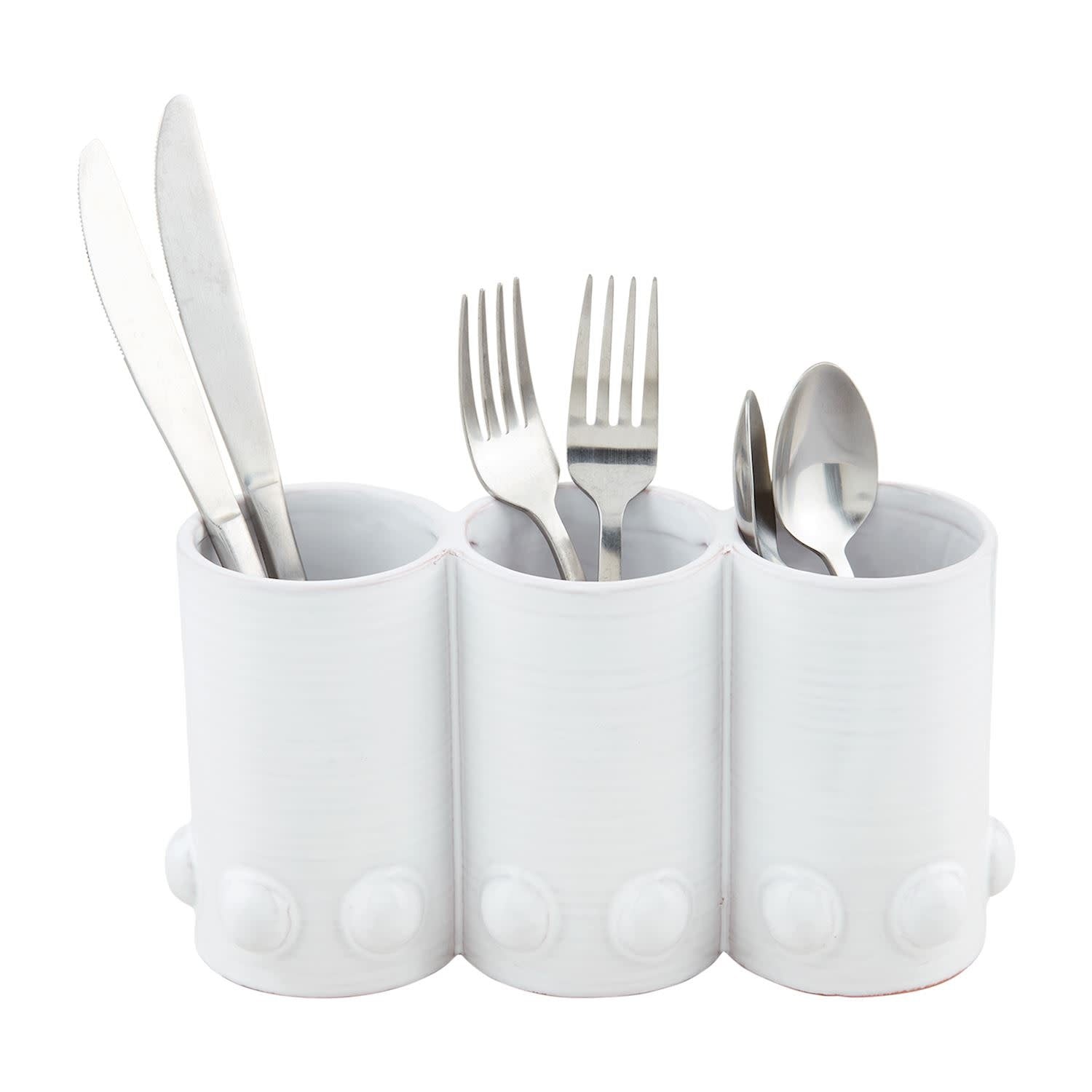 Glazed terracotta triple utensil holder with raised bead exterior pattern.