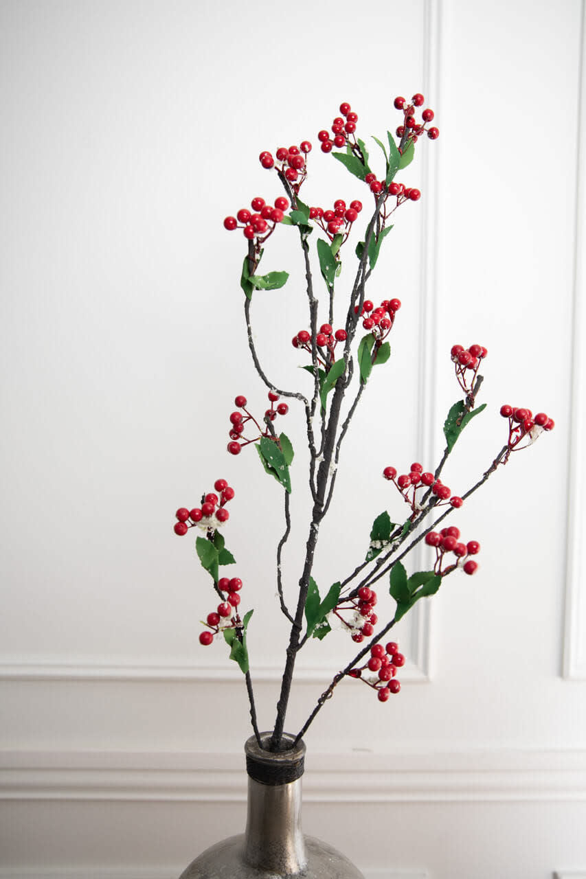 46-inch weather-resistant plastic branch with red berries and green leaves on a wired stem