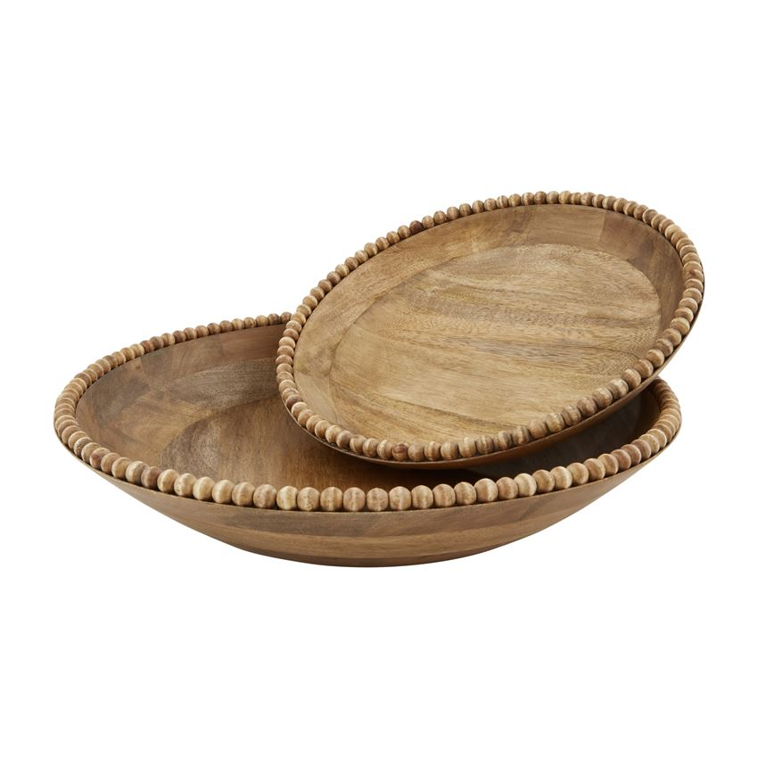 Nested set of two beaded mango wood serving bowls with rustic earthy finish.