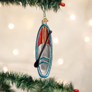 Blue stand-up paddle board ornament with a realistic boat shape.