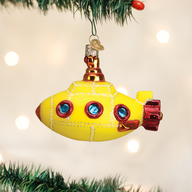 Groovy Submarine Ornament in blue with yellow accents