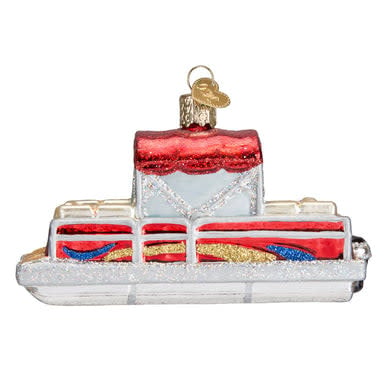 Glass ornament shaped like a pontoon boat with silver accents and hand-painted glitter finish