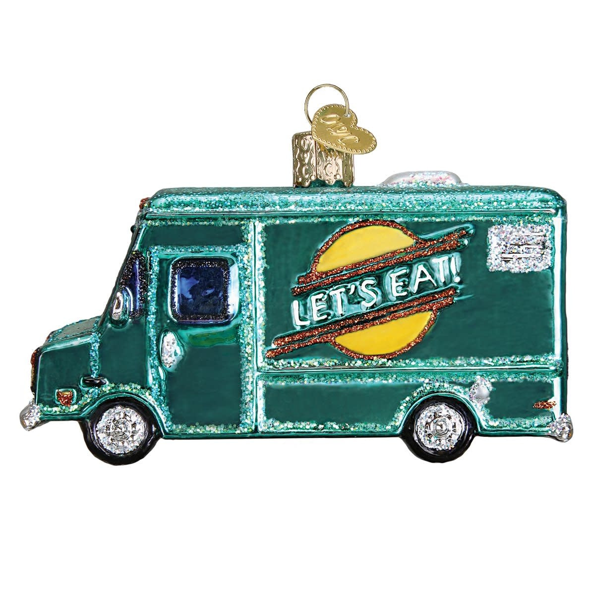 Food Truck Ornament: A small decorative figurine shaped like a vintage food truck with red and white panels.