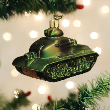 Military tank ornament in olive green with detailed treads and turret.