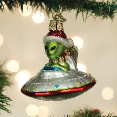 3-inch square Christmas ornament featuring a green UFO with red lights hovering over Earth.