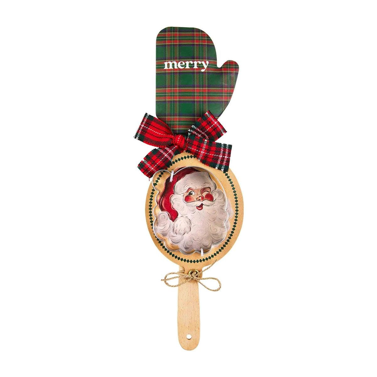 Wood-handled silicone spatula with a stainless steel tartan-patterned cookie cutter attached.