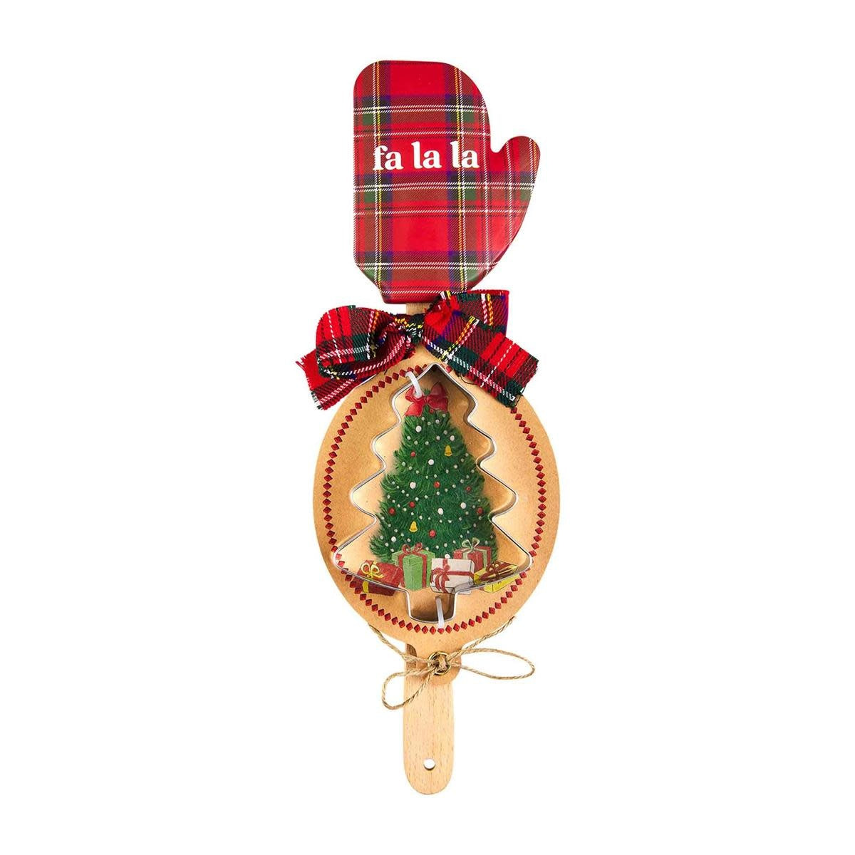 Wood-handled silicone spatula with stainless steel tartan-patterned cookie cutter