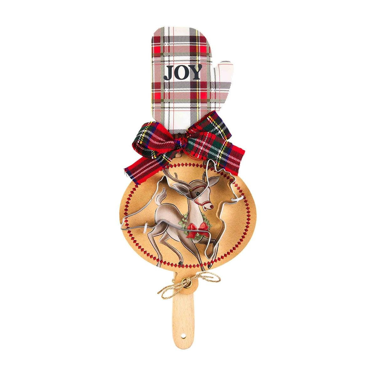 Wood-handled silicone spatula with red tartan pattern paired with a stainless steel cookie cutter.