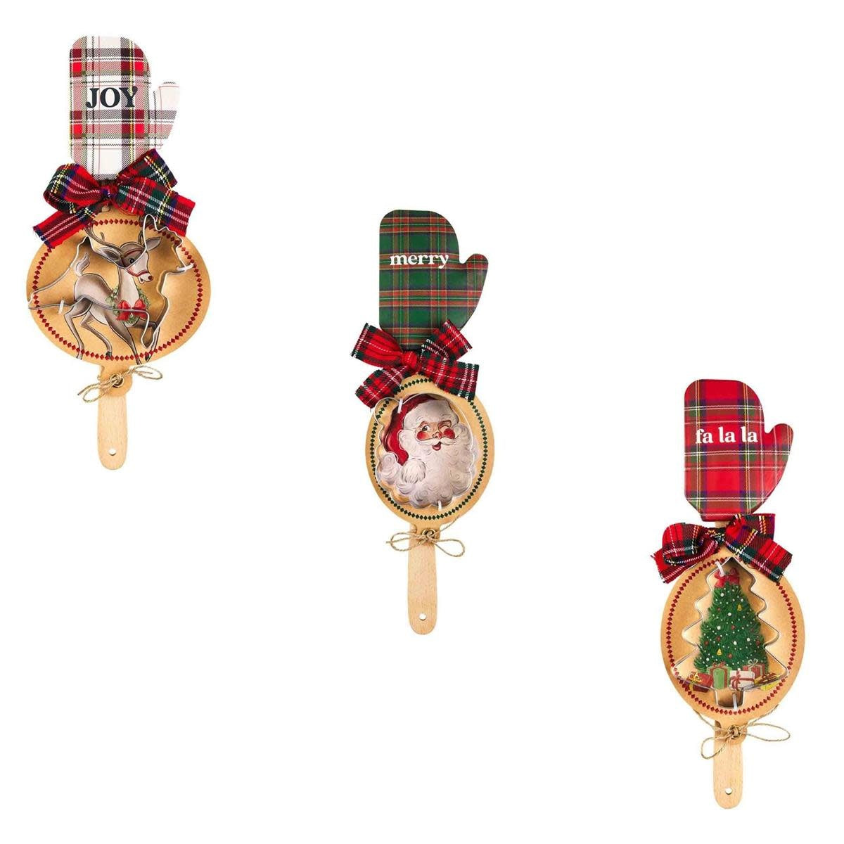 Wood-handled silicone spatula with a stainless steel tartan-patterned cookie cutter.