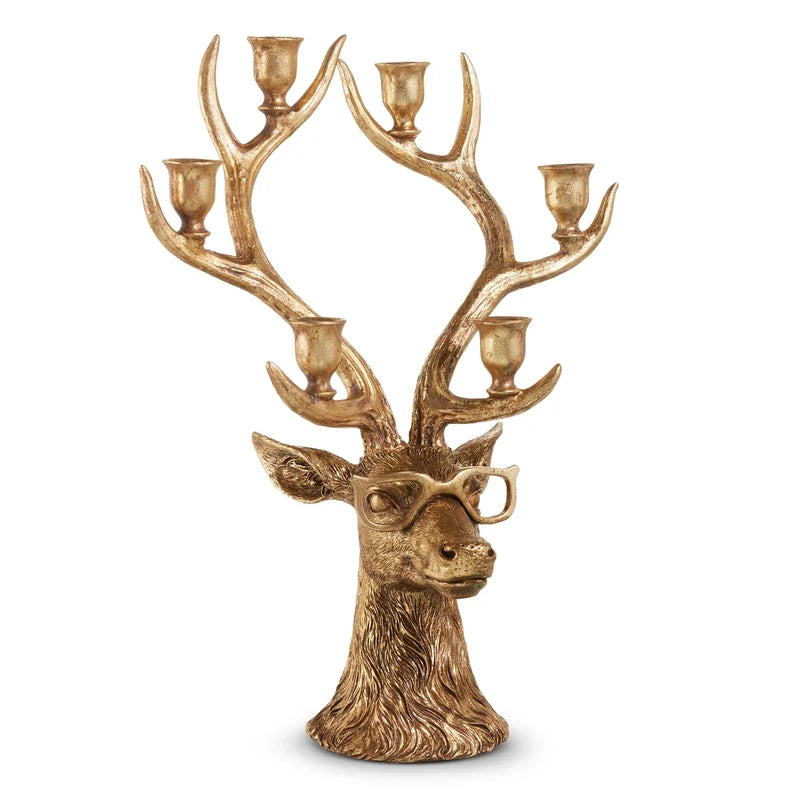 20.5-inch gold deer head candelabra wearing glasses with six candle holders on its antlers.