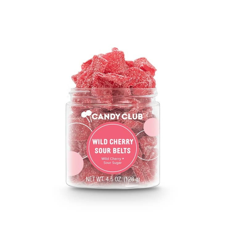 Packaging for Sour Belts Candies featuring tart cherry-flavored ribbons in a square box.