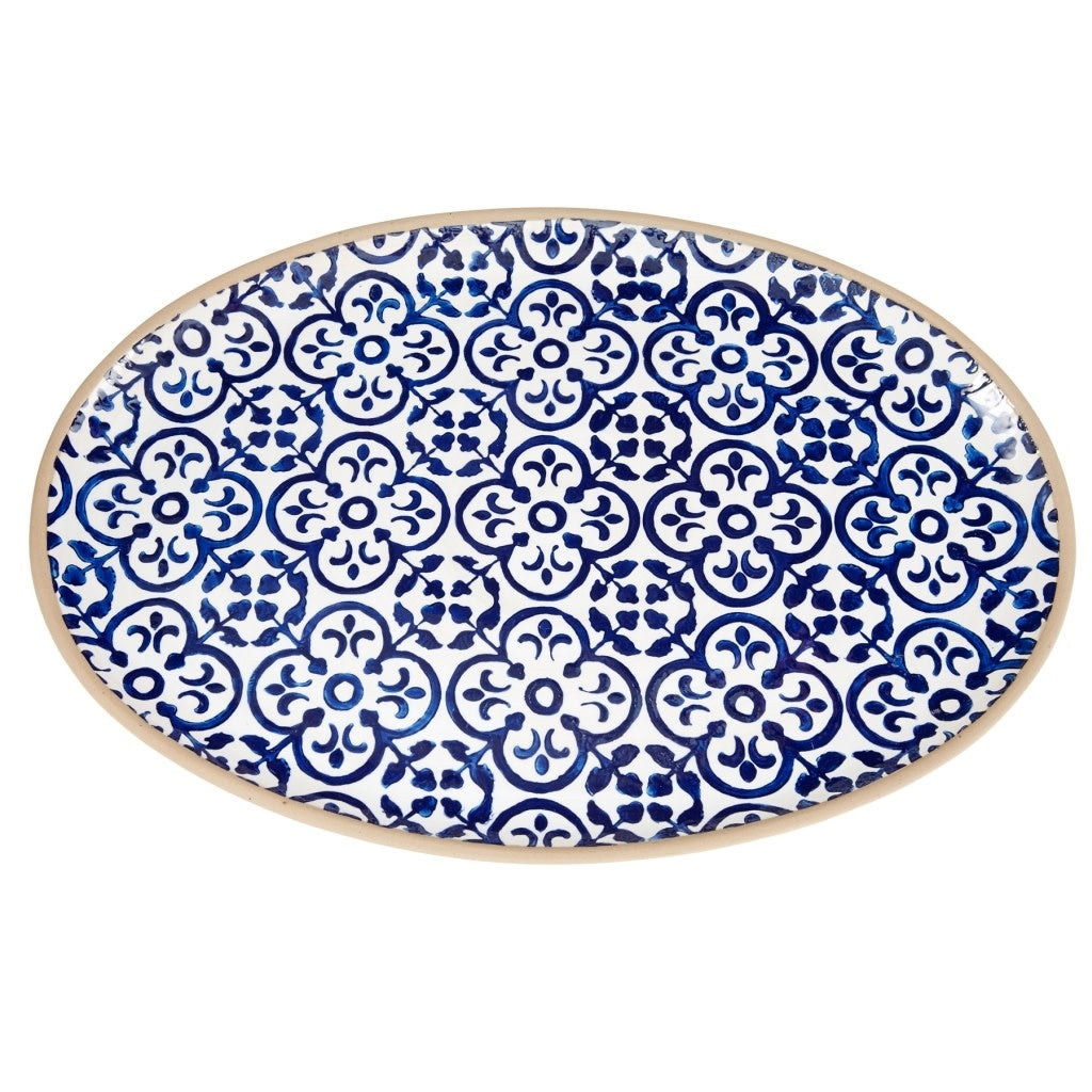 Blue stoneware platter with debossed mosaic pattern and exposed rim