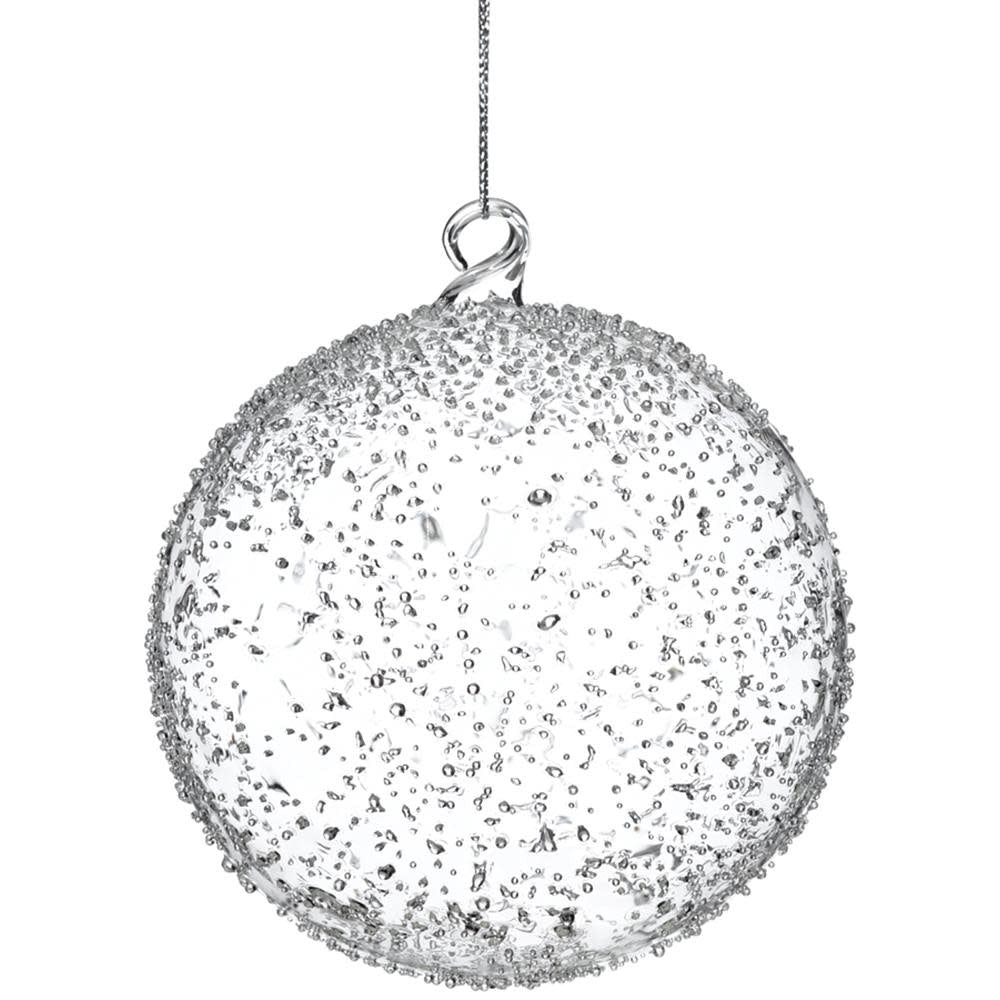 Clear glass ball ornament with a smooth spherical shape.