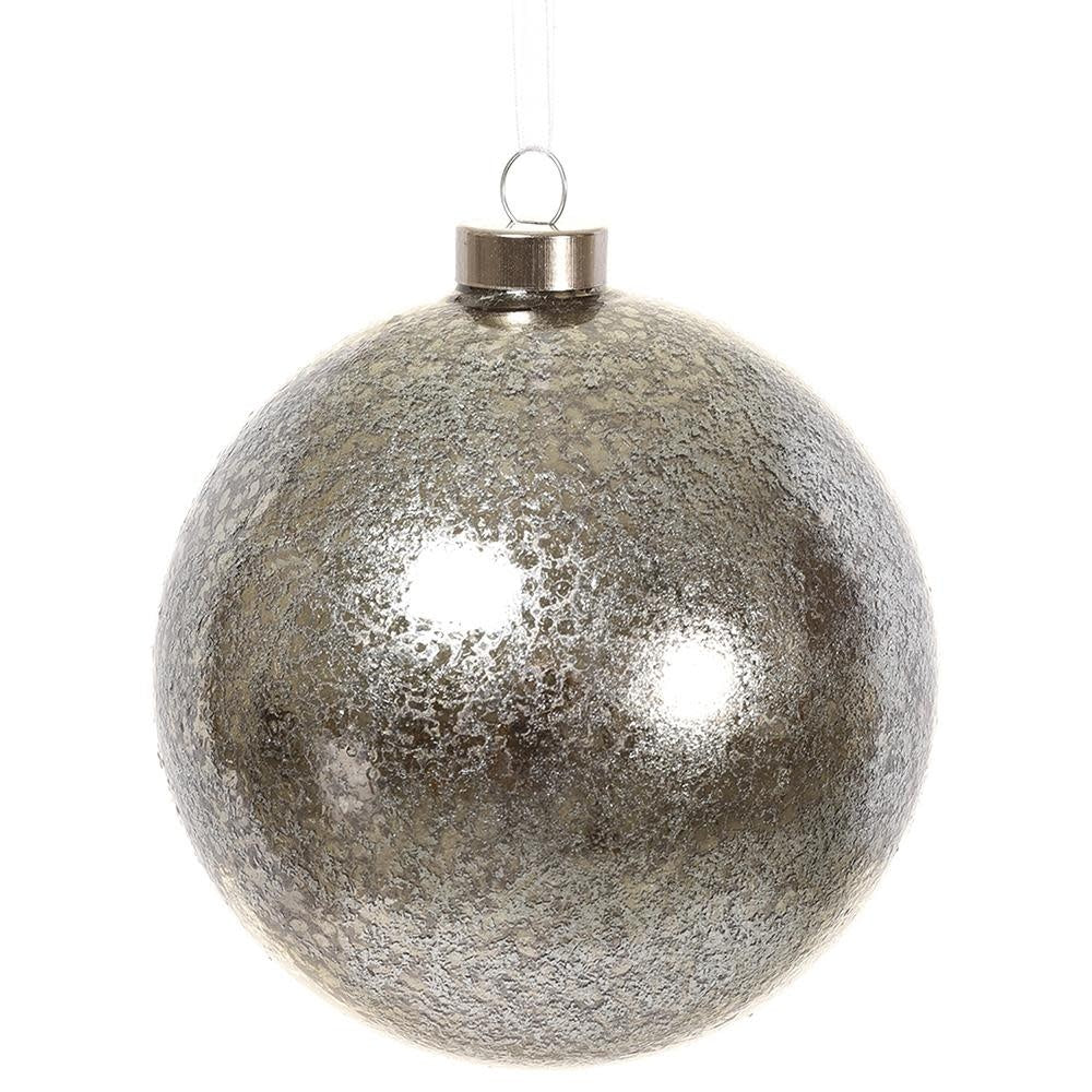 Silver glass ball ornament with a smooth spherical shape.