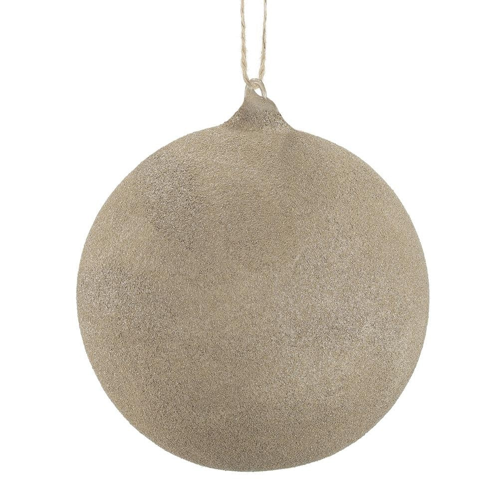 Beige glittered glass ball ornament with a spherical shape.