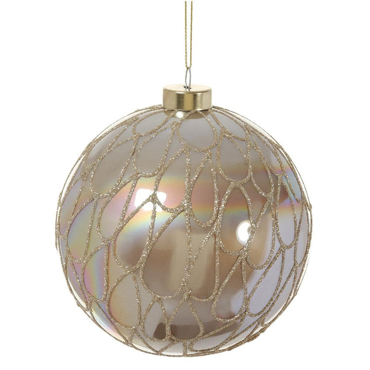 Gold glittered glass ball ornament with a spherical shape
