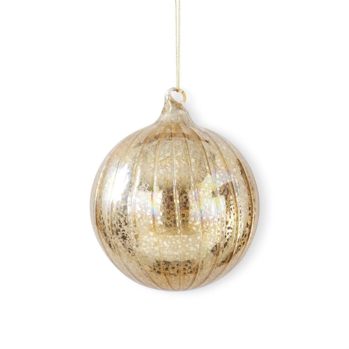 Round gold mercury glass ornament with ribbed texture and hanging loop