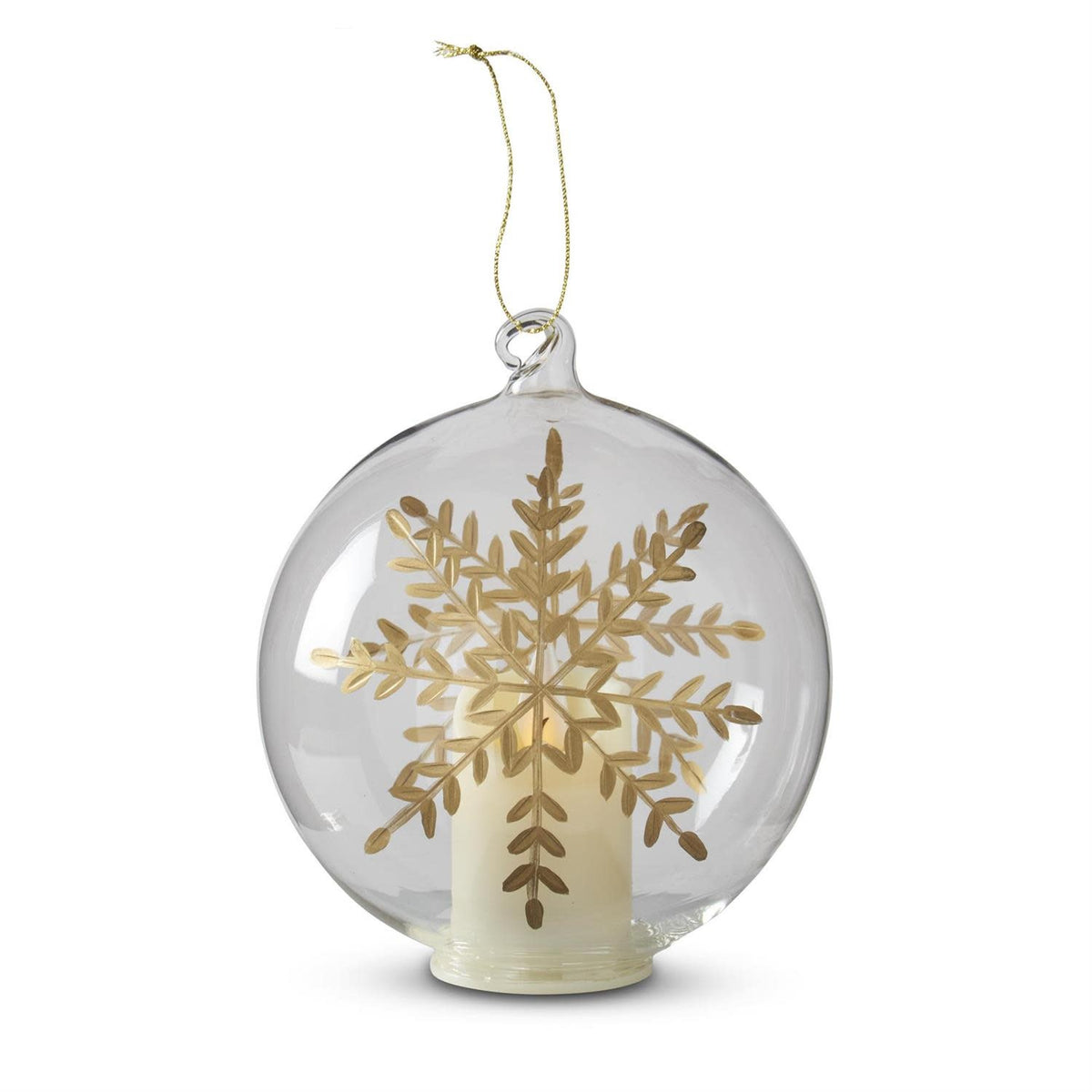 4.75-inch clear glass LED ornament with gold gilded etched snowflake pattern and warm glow.