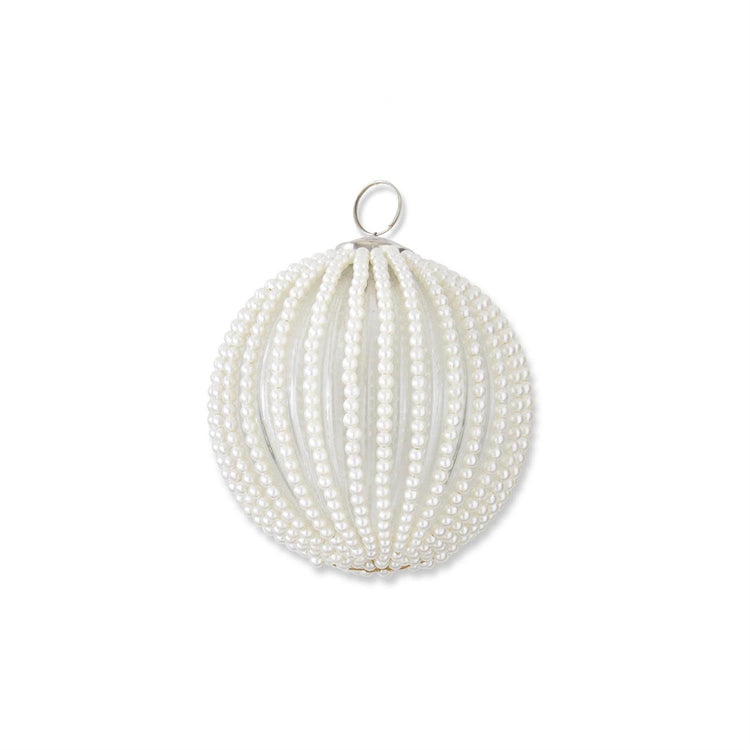 Round clear glass ornament with white beaded wired stripes