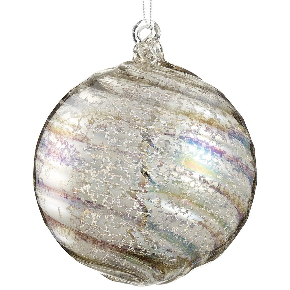 Silver iridescent mercury glass ball ornament with a reflective spherical shape.