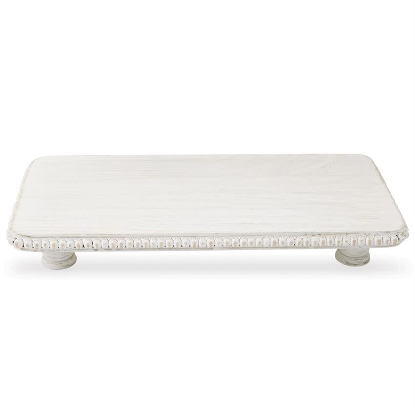 Large white-washed mango wood serving board with beaded rim detail.