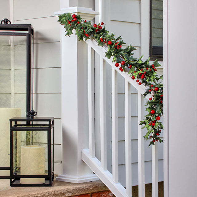 48-inch Pacific Northwest holly garland with red berries and rustic twig accents