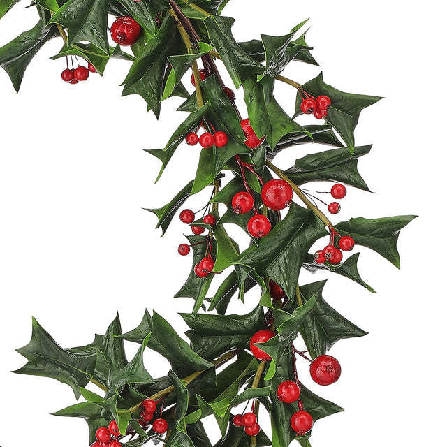 48-inch Pacific Northwest holly garland with realistic green leaves, bright red berries, and rustic twig accents.