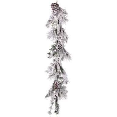 48-inch artificial snow pine garland with cedar cones and waterproof berries in white and green.