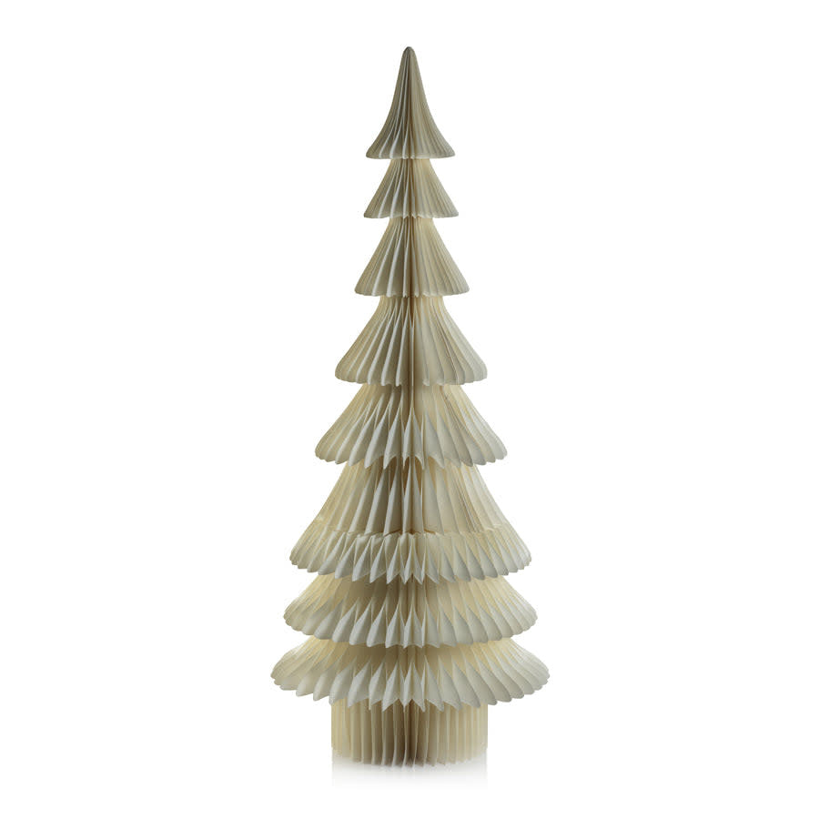 Ivy-colored accordion paper Davos tree with conifer branches standing on a tabletop.