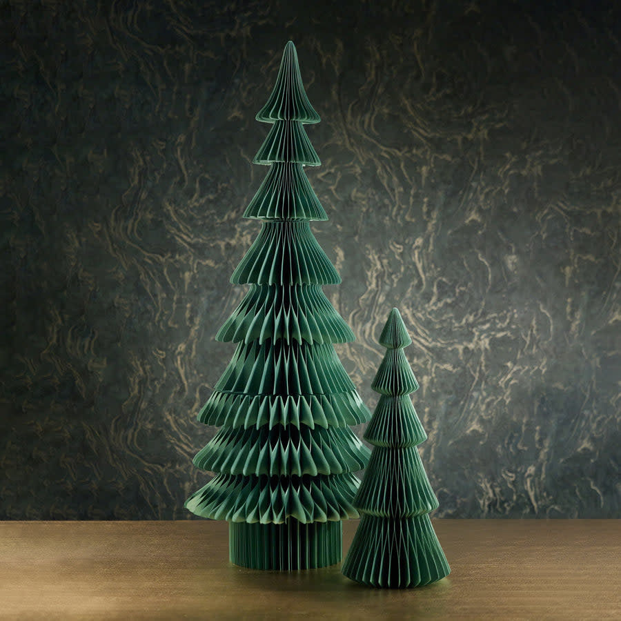 48-inch accordion paper Davos tree in pine green with conifer silhouette