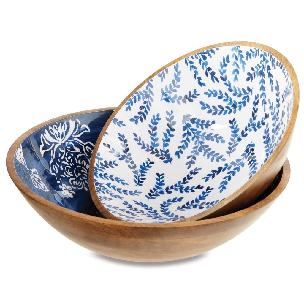 Nested set of two blue wood bowls with enamel dipped interior patterns