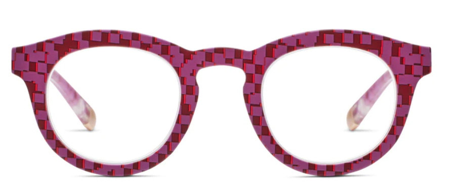 Round Frame of Mind glasses with pixel check blue tint lenses in recycled polycarbonate.