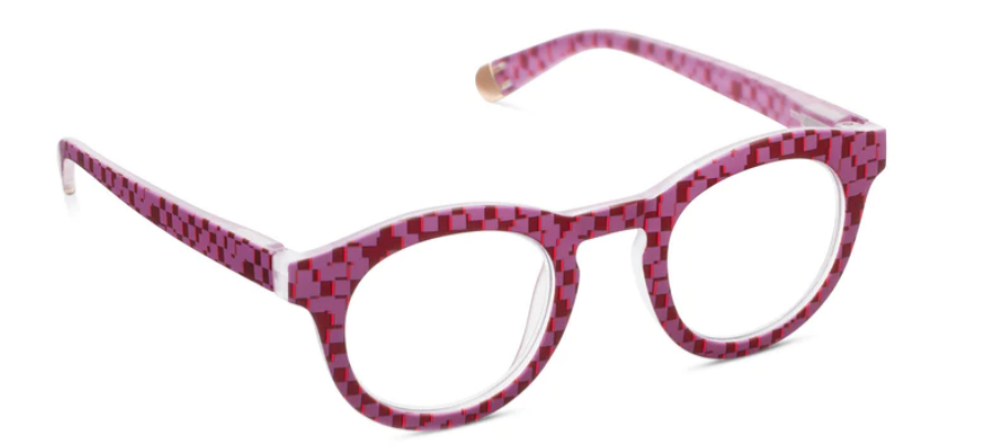 Round Frame of Mind glasses with pixel check blue lenses in recycled polycarbonate.