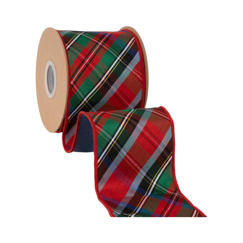 4 inch wired dupioni ribbon in traditional red, green, and blue Christmas plaid on a 10 yard roll.