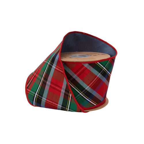 4 inch wired dupioni ribbon in traditional red, green, and blue Christmas plaid on a 10 yard roll.
