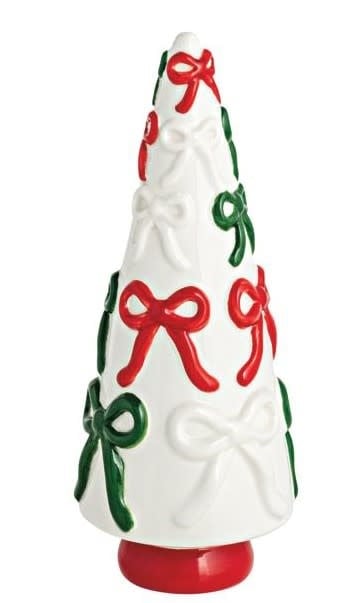 Small hand-painted stoneware ceramic tree with a delicate bow detail in neutral tones.