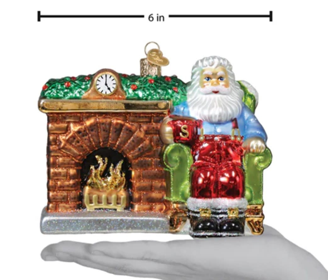 6-inch Santa Claus ornament in red suit with white beard holding a mug at the hearth